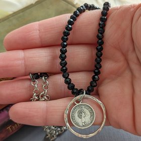 Silver Coin Circle Necklace with Black Beaded Chain, Hammered Circle Pendant, Ancient Coin Necklace, Gift for Her