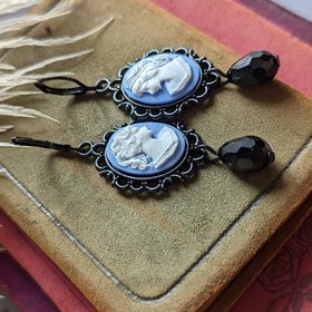 Portrait Cameo Earrings, Blue Lady Cameo Earrings, Gothic Victorian Jewelry, Antique Style Jewelry, Dark Academia,