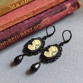 Black Cameo Dangle Earrings, Gothic Victorian Jewelry, Vintage Inspired, Dark Academia Literary Themed Accessories