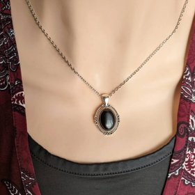 Oval Obsidian Necklace, Black Stone Pendant, Gothic Jewelry, Goth Bride