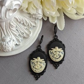 Gothic Cameo Earrings, Black Dragonfly Earrings, Gothic Victorian Jewelry, Dark Nature Jewelry Gift for Her