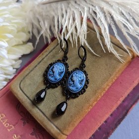 Blue Portrait Cameo Earrings, Victorian Jewelry, Vintage Style