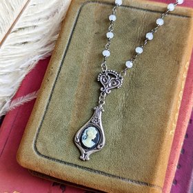 Teardrop Cameo Pendant with Quartz Rosary Chain, Vintage Inspired Necklace Gift 