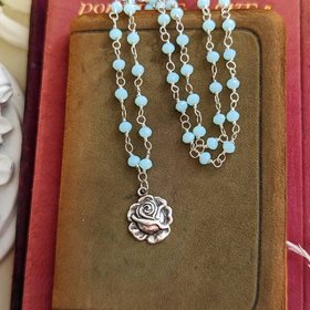 Dainty Silver Rose Necklace with Aqua Chalcedony Rosary Chain, Rustic Vintage Style Pendant, Shabby Chic, Light Academia