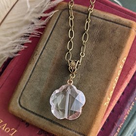 Long Crystal Pendant Necklace with Paperclip Chain