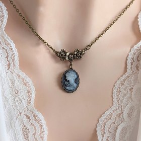 Blue Cameo Necklace, Vintage Style Pendant, Something Blue for Bride, Historical Costume Jewelry