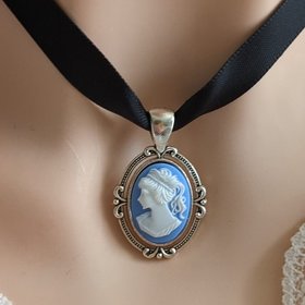 Blue Cameo Pendant, Black Ribbon Choker Necklace, Victorian Bridal Jewelry, Something Blue for Bride