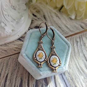 Yellow Rose Earrings, Antique Style Earrings, Botanical Print Limoges Jewelry, Regency Era Gift for Her