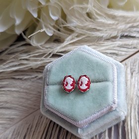 Red & White Cameo Post Earrings, Stainless Steel Hypoallergenic Posts
