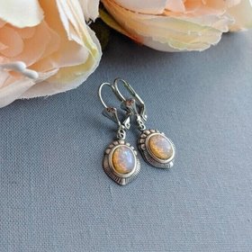 Fire Opal Earrings, Harlequin Opal Earrings, Vintage Glass Earrings, Pink Stone, Victorian Birthstone Jewelry, October Birthday Gift