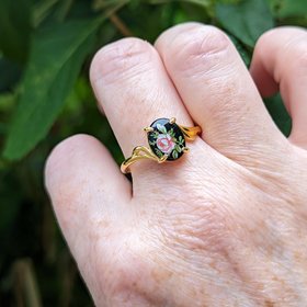 Flower Cameo Ring, Limoges Style, Gold Vermeil 925 Sterling Silver Ring, Victorian Ring, Cameo Jewelry, Adjustable Ring, Old Fashioned Ring