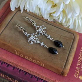 Gothic Black Bead Earrings, Silver Floral Earrings, Victorian Jewelry, Regency Era, Vintage Style