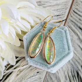 Iridescent White Opal Quartz Earrings,  Oval Gold Plated Gemstone Dangles, October Birthstone Jewelry, Gift for Her