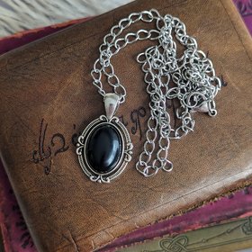 Mens Obsidian Pendant with Curb Chain, Black Gemstone Jewelry Gift for Him