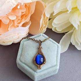 Vintage Style Necklace, Sapphire Blue Teardrop Pendant, September Birthday Jewelry Gift for Her