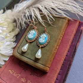 Cameo Pearl Earrings, Turquoise Earrings, Lady Cameo Jewelry, 14k Rose Gold Plated, Victorian Jewelry, Romantic Style, Pearlcore