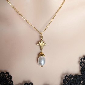 Art Deco Bridal Necklace, 14K Gold Plated Pendant and Glass Pearl, Dainty Minimalist Jewelry Gift for Bride