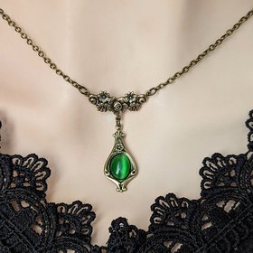 Green Victorian Necklace, Vintage Style Teardrop Pendant, Historical Costume Jewelry