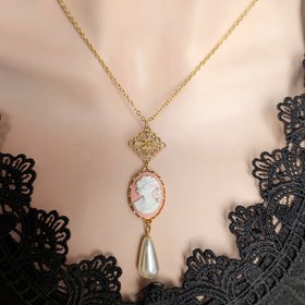 Pink Cameo Pearl Necklace, 14K Gold Plated, Historical Costume Jewelry, Romantic Vintage Inspired Pendant, Gift for Wife