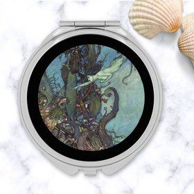 Round Silver Compact Mirror with Underwater Mermaid Swimming, Nautical Gift for Ocean and Fantasy Lovers, Purse Accessories