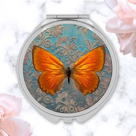 Round Silver Compact Mirror with Orange Butterfly Design, Elegant Vanity Accessory and Whimsical Gift for Butterfly Lovers