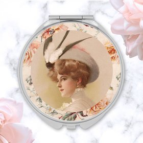 Round Silver Compact Mirror with Vintage Lady in Feathered Hat, Elegant Gift for Retro Fashion Lovers, Handy Purse Accessories