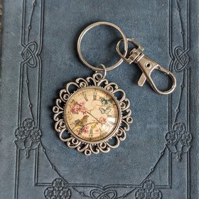 Shabby Chic Vintage Clock Keychain or Bag Charm with Bird, Butterflies, and Flowers, Gift for Vintage Enthusiasts, Nature Lovers