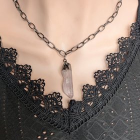 Raw Crystal Quartz Point Pendant with Electroplated Gunmetal and Paperclip Chain, Edgy Statement Jewelry for Boho and Crystal Lovers