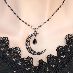 Black Crescent Moon Necklace with Faceted Black Crystal, Gothic Boho Jewelry, Celestial Pendant, Witchy Gift for Her