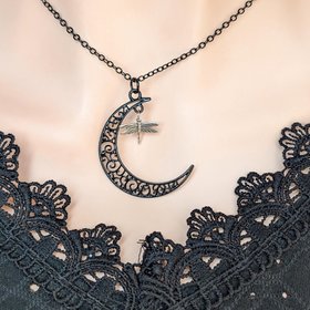 Black Crescent Moon Necklace with Silver Dragonfly Pendant, Celestial Jewelry, Moon and Dragonfly Charm, Gothic Boho Necklace