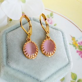 Gold Plated Crown Bezel Earrings with Pink Cat’s Eye Stones, Elegant Vintage Inspired Jewelry