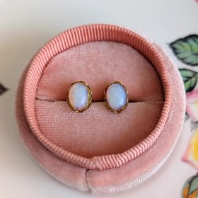 Vintage Glass Opal Stud Earrings – Milky White Pink Hues in Golden Brass Lacy Bezel