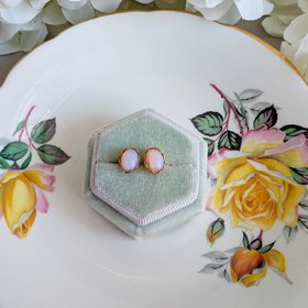 Vintage Glass Opal Stud Earrings – Milky White Pink Hues in Golden Brass Lacy Bezel