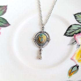 Scarab Necklace with Silver Ox Leaf Frame Pendant, Art Deco Jewelry with Egyptian Inspiration
